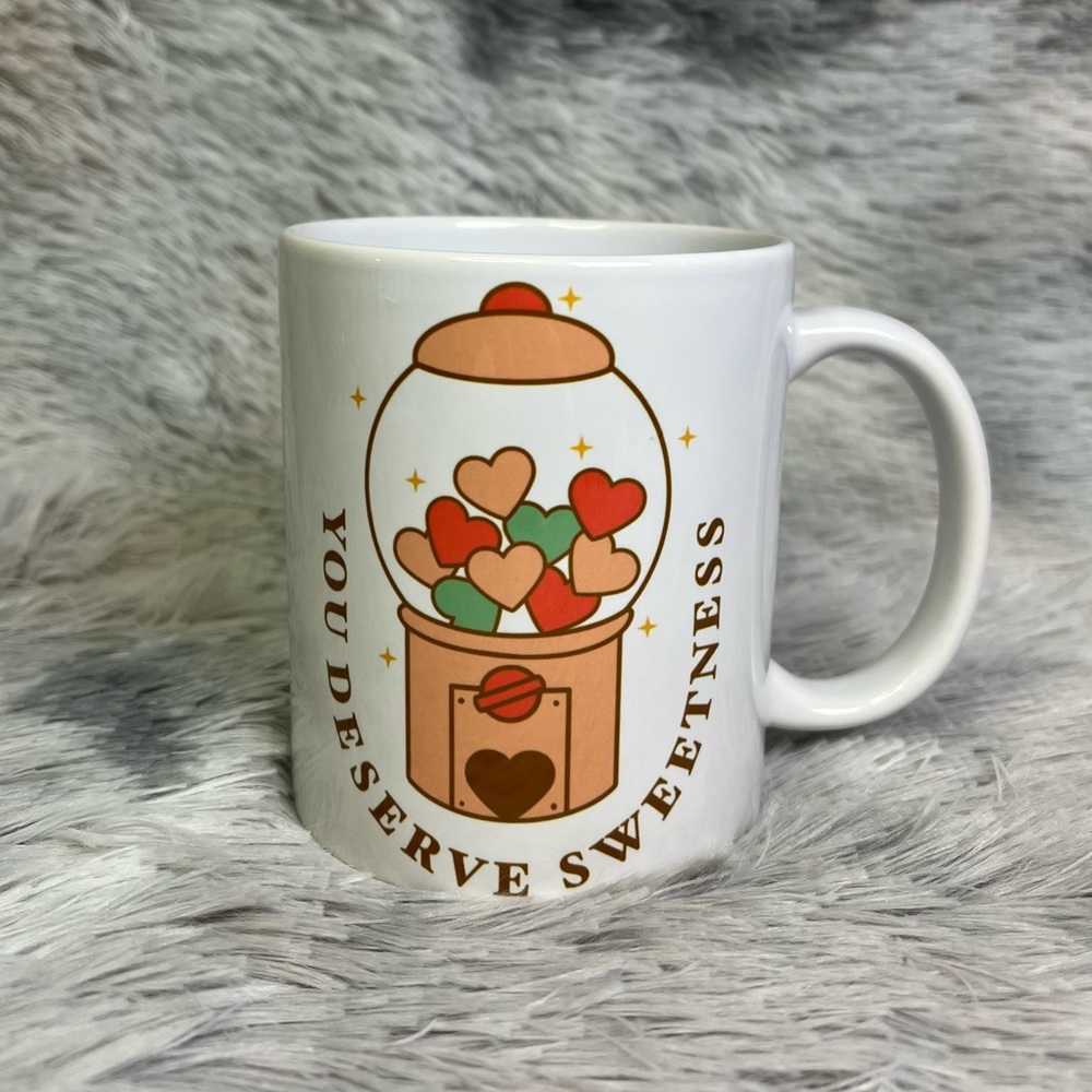 “You Deserve Sweetness” Valentine Mug – Cute Heart Gumball Design Coffee Cup
